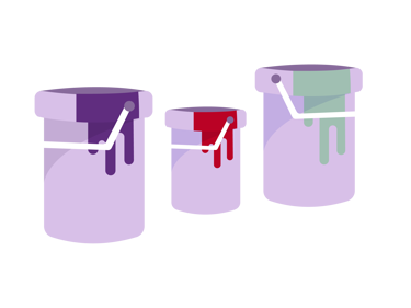 Illustration av tre färgburkar med lila, röd och grön färg rinnande nerför utsidan av burkarna.