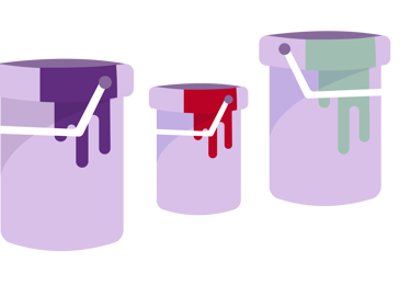 Illustration of three cans containing purple, red and green paint.