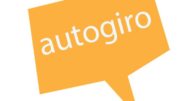 Länk till information om hur du betalar din avgift med autogiro. På bilden: Gul pratbubbla med texten "autogiro".