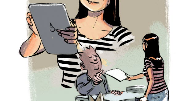 Illustration av en kvinna som besöker en  manlig handläggare på ett kontor.